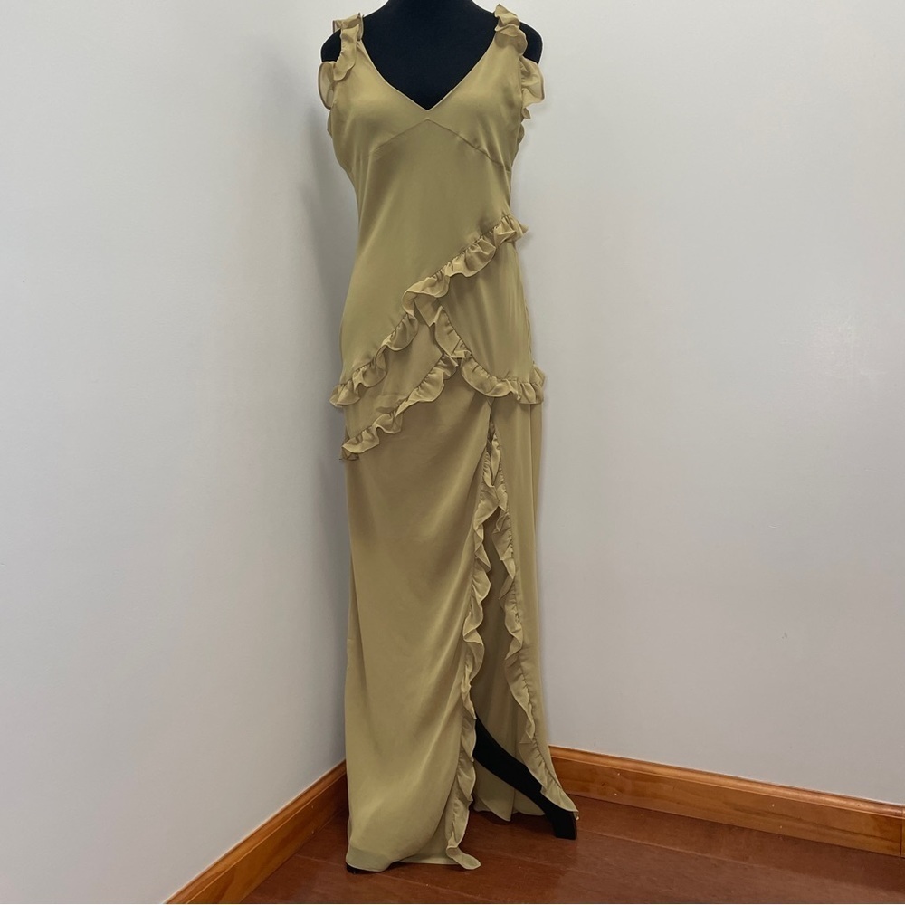 House of CB- PIXIE Olive Ruffle Maxi Dress Size Large Green V Neck Summer - Picture 5 of 15